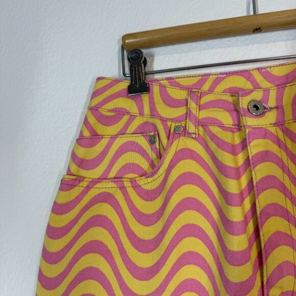 The Ragged Priest Dad Jeans in Wave Print Denim Yellow Pink 28 - Picture 10 of 16